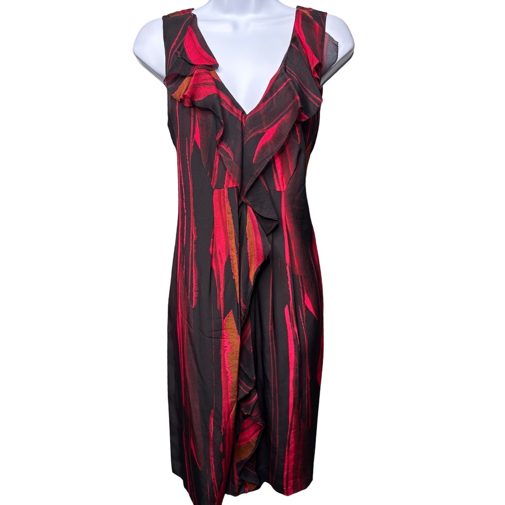VERA WANG LAVENDER LABEL Womens Red Black 100% Silk Ruffle Dress 8 Designer Luxe